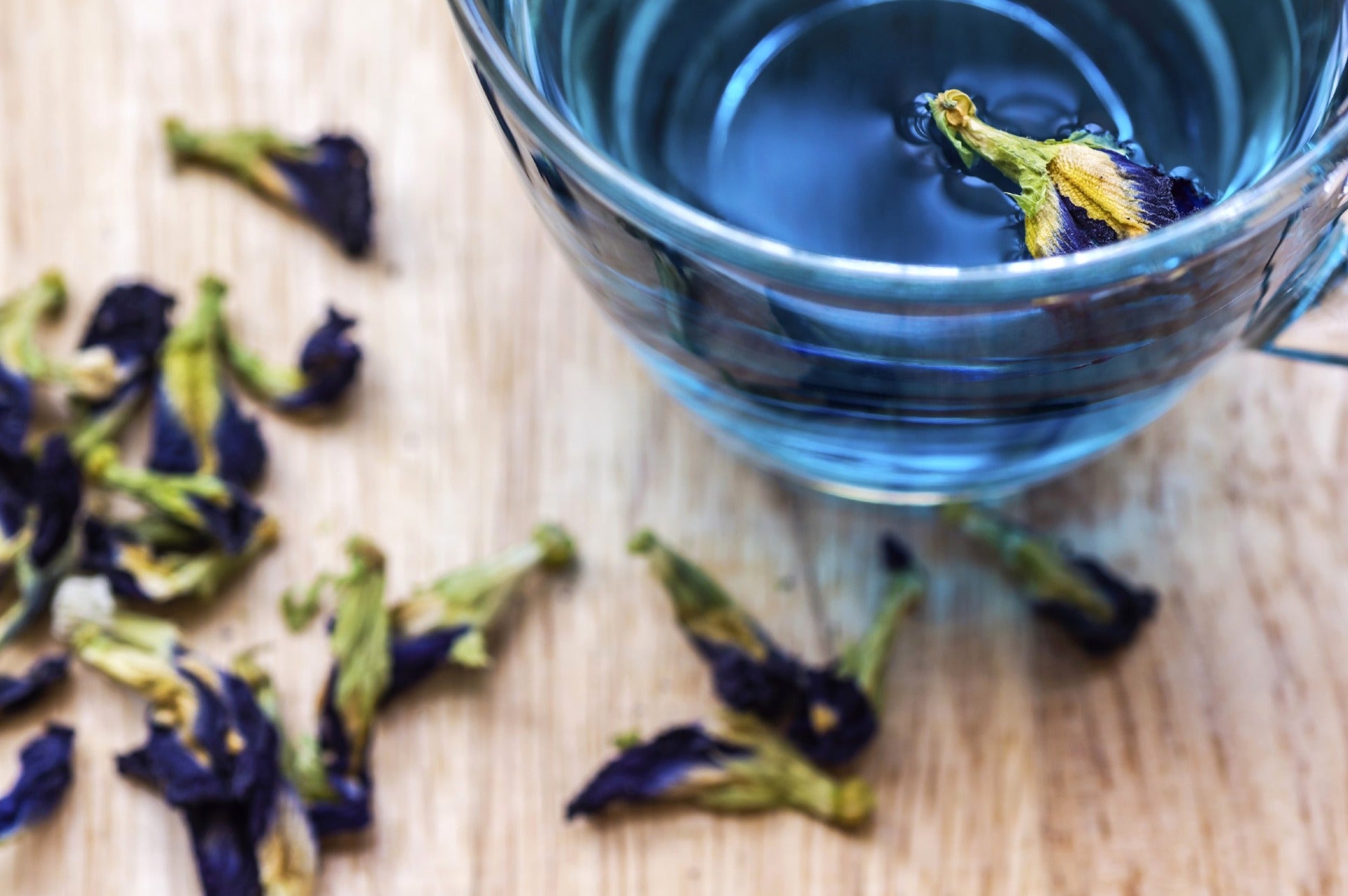 Image of loose leaf butterfly pea flower scattered on a table next to a glass cup of beautifully blue brewed tea made from the flower
