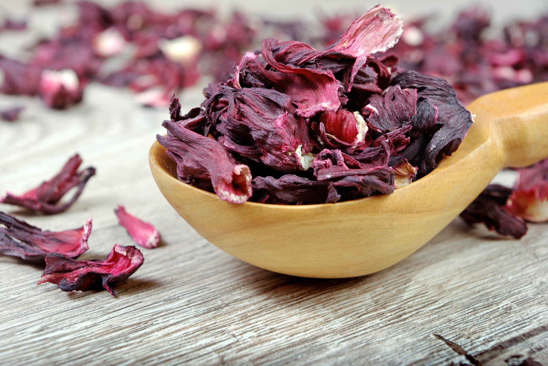 Bright red and dried hibiscus flower petals overflowing from a wooden spoon that lies on a wooden table