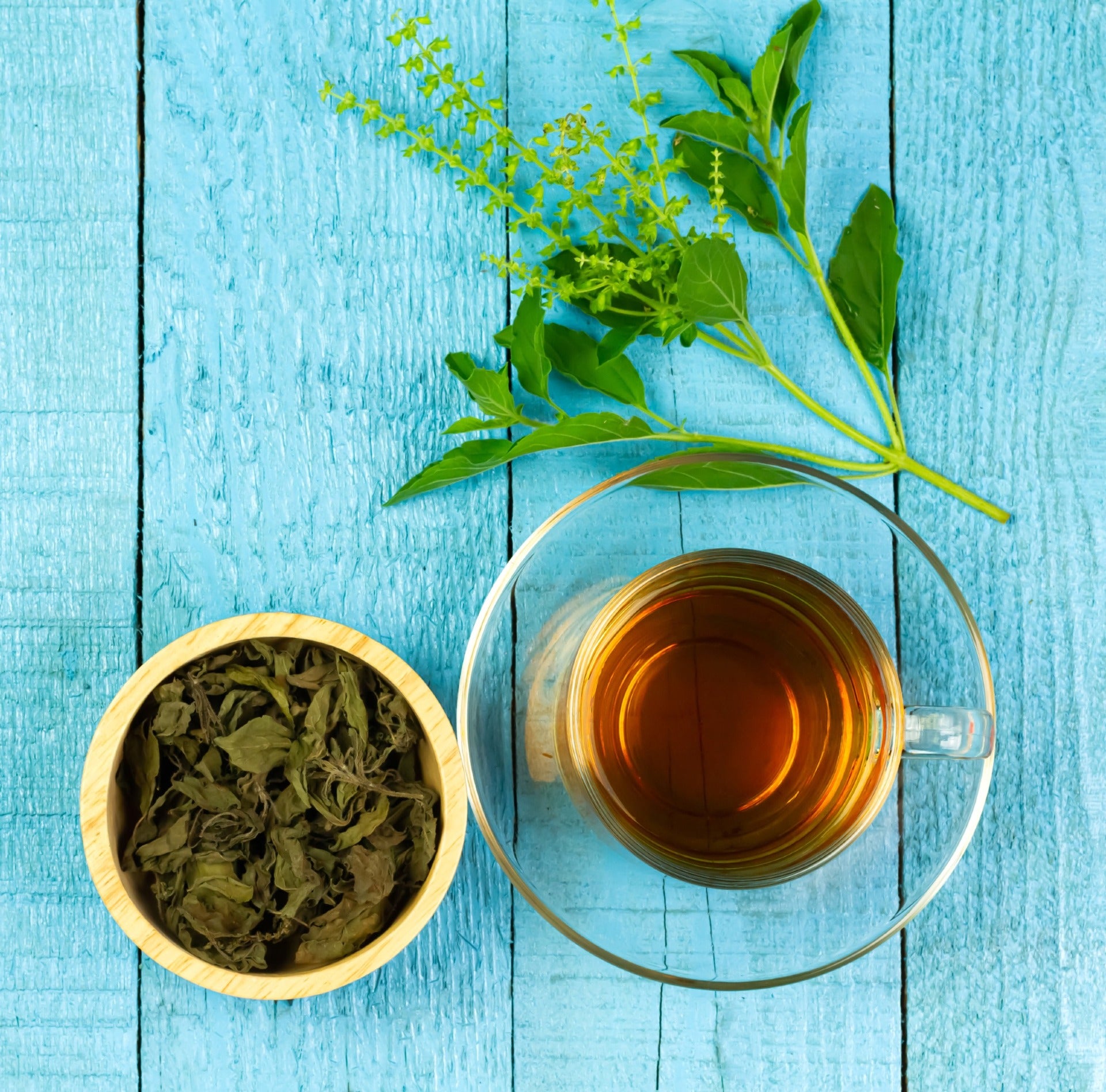 Picture of Fresh Tulsi, dried tulsi in a cup, and tulsi tea in a clear glass cup