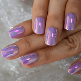 Fantasy Nails Series Pink Purle Short Chrome Holographic Press On Nails Square Natural Shape Charming Manicure Tips 24
