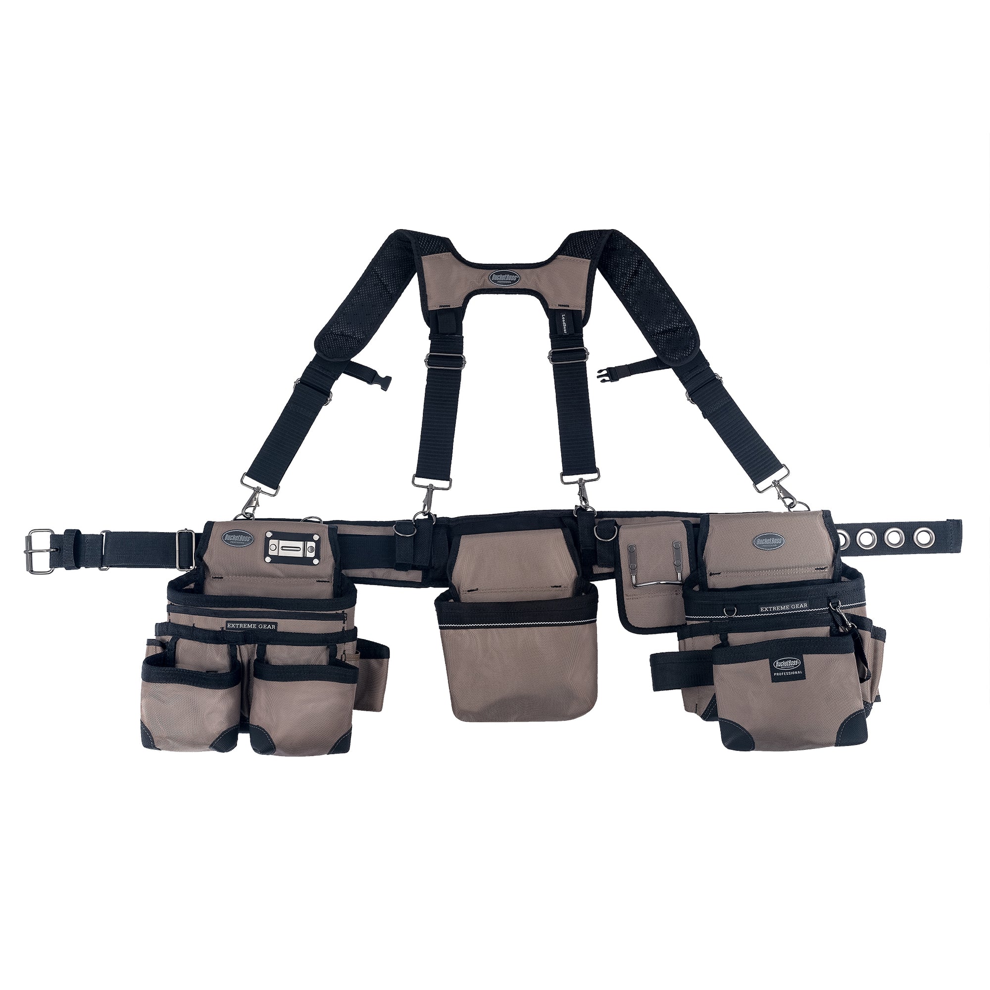 BUCKET BOSS 3-Bag Mullet Buster Adjustable Tool Belt with Suspenders  Suspension Rig with 29-Pockets in Grey 55135 - The Home Depot