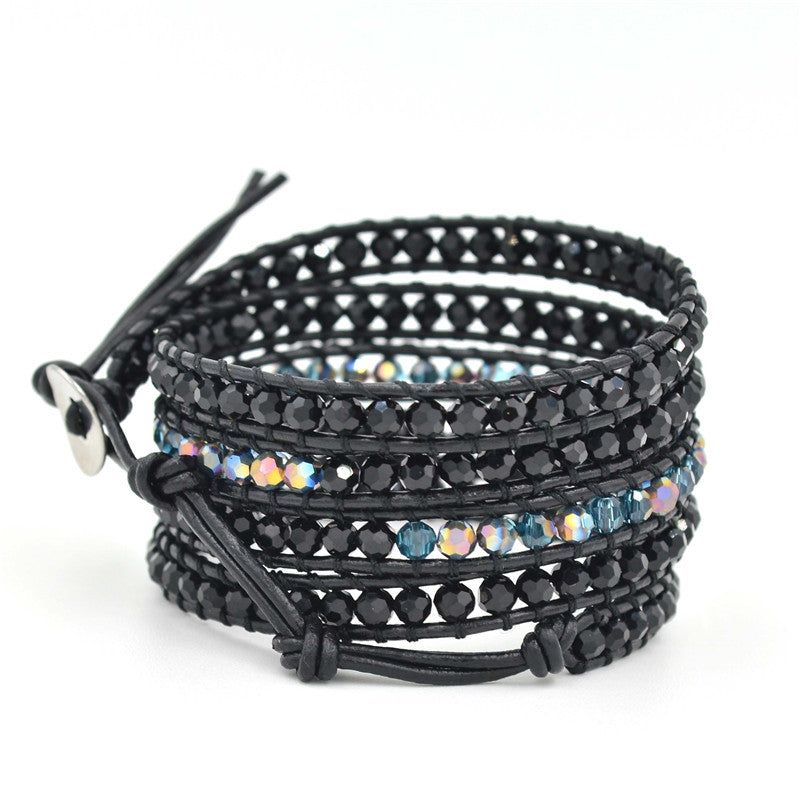 Black Crystals on Black Leather Wrap Bracelet