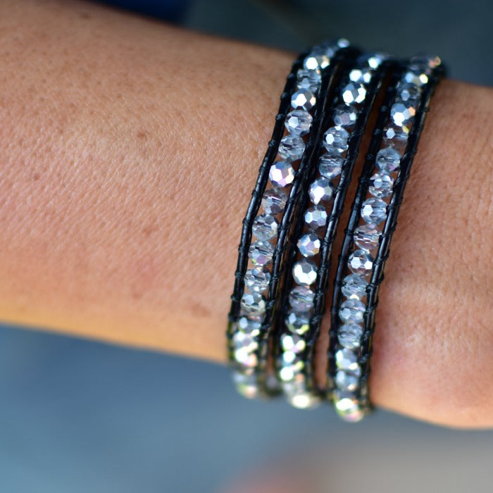 Blue Crystals on Navy Leather Wrap Bracelet