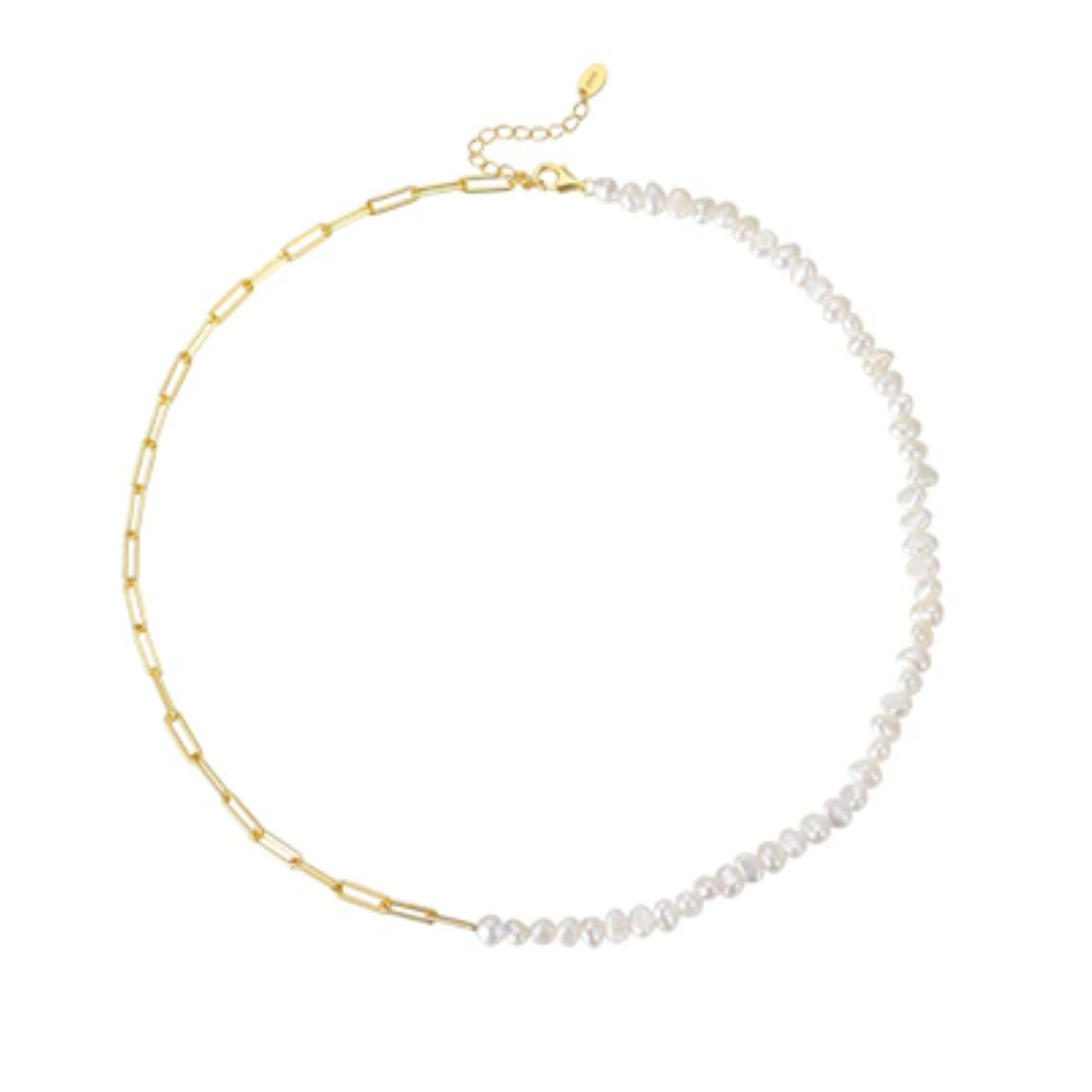 Gold Paperclip Chain and Pearl Necklace