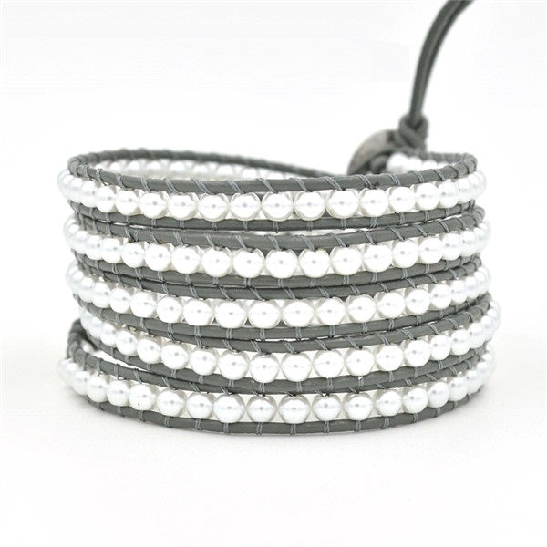 Natural Pearls on Gray Leather Wrap Bracelet