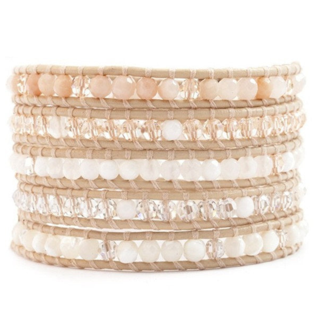 Image of White Beads and Crystals on White Leather Wrap Bracelet