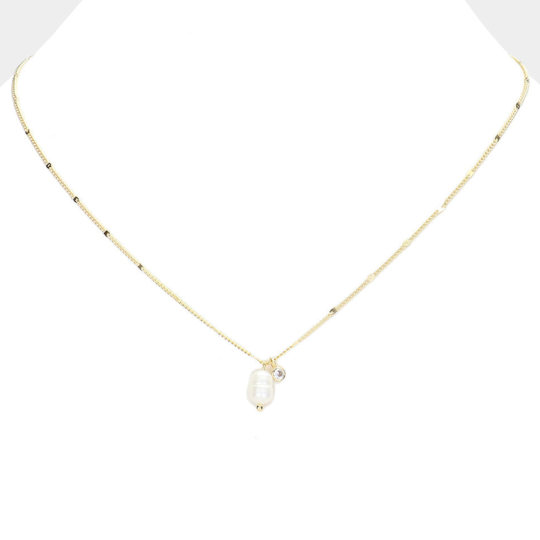 Freshwater Pearl and Cubic Zirconia Charm Necklace - Gold