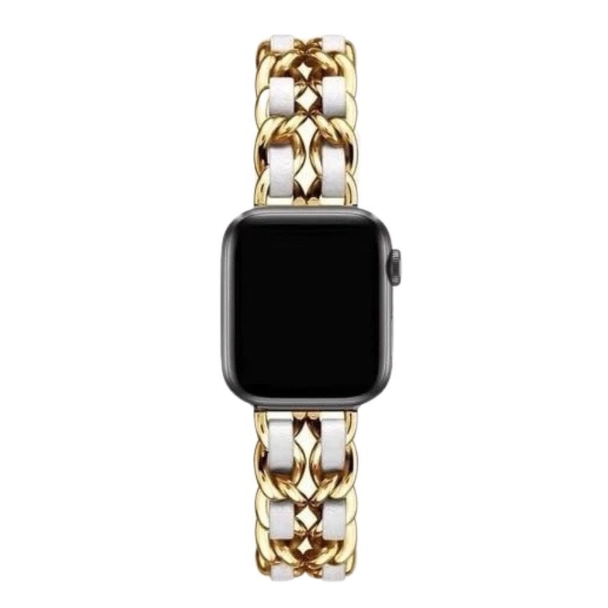 Image of Gold Chain And White Leather Apple Watch Band