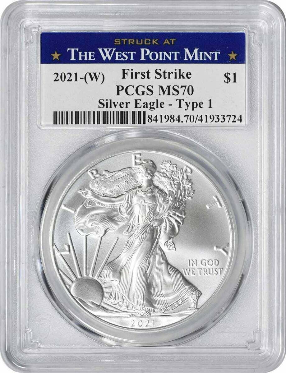 2021(W) 1 American Silver Eagle Type 1 MS70 FS PCGS Struck at West P