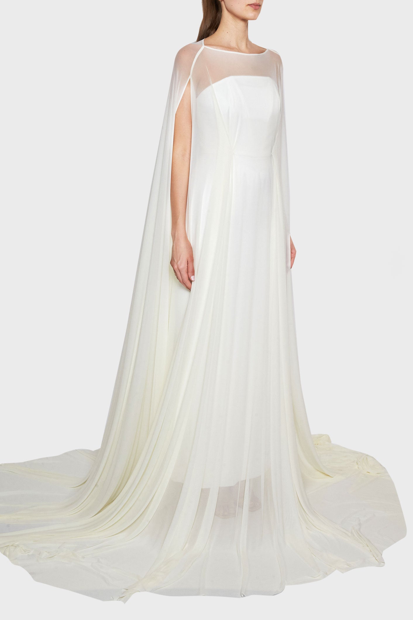 Image of Strapless Gown with Stretch Cape Overlay