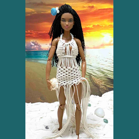 Completed Front View of Fashion Doll wearing a Macrame Dress