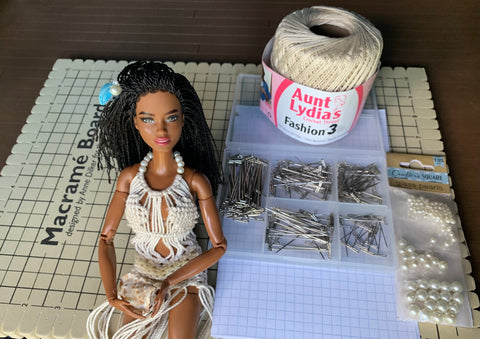 Project Supplies: Crochet thread, pearl beads, macrame board, T-pins, grid paper, and fashion doll as model.