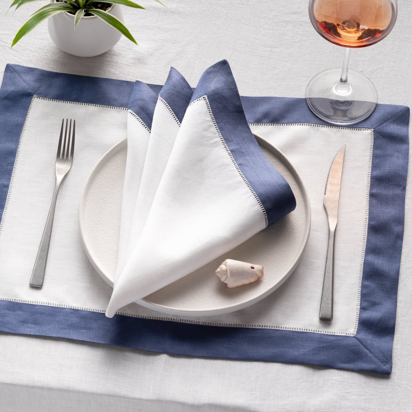 All Cotton and Linen Hemstitch Napkins - 20x20 Navy Blue, Set of 6 Navy Blue Napkins