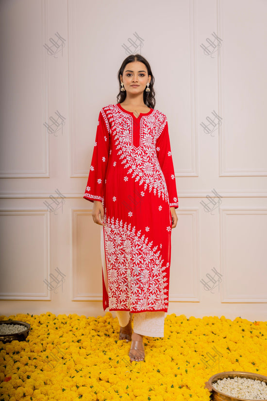 Red Rayon Cotton Chikankari Kurta For Women - House Of Kari