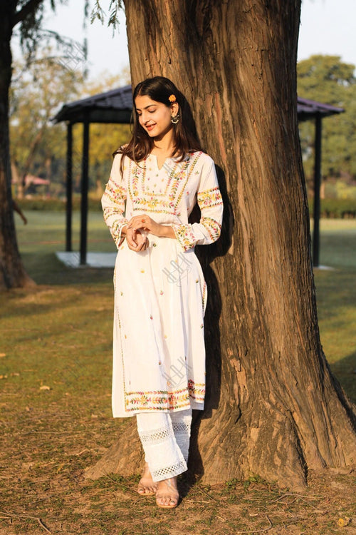 Jiya in HOK Chikankari Long Kurti In Cotton for Women- White With Blac -  House Of Kari (Chikankari Clothing)