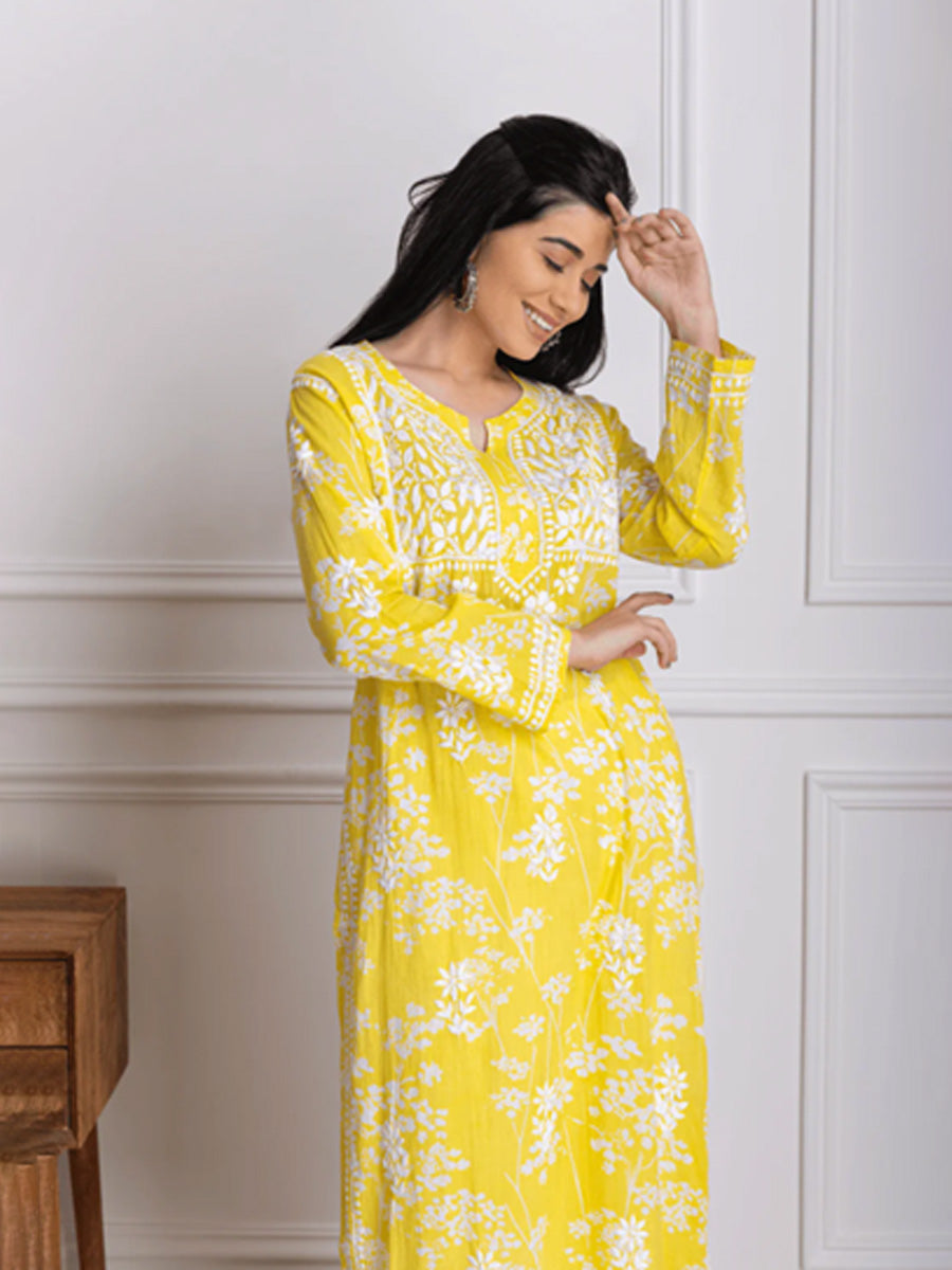 yellow chikankari kurta at House of kari