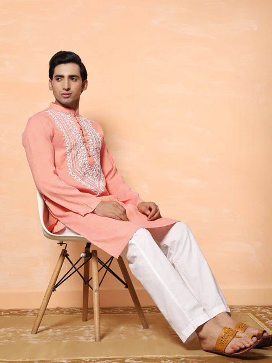 Peach Embroidered Chikankari Kurta