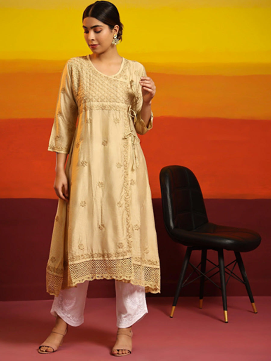 golden angrakha chikankari long kurti at House of kari