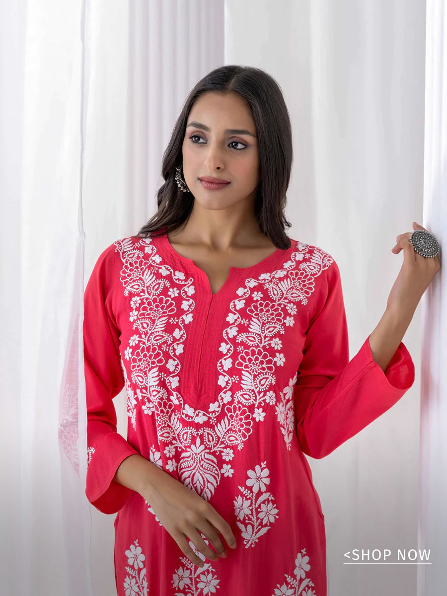 red chikankari kurti