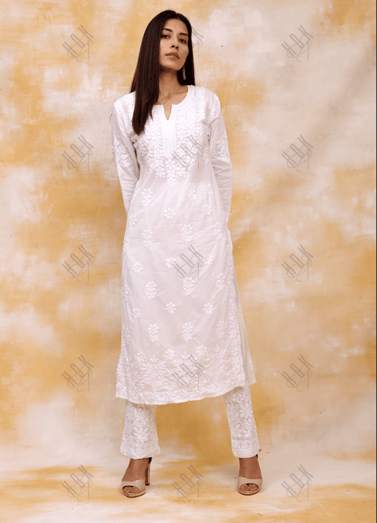 Embroidered Cotton White Relaxed Chikankari Pants - House Of Kari  (Chikankari Clothing)