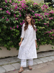 Embroidered Cotton White Relaxed Chikankari Pants - House Of Kari  (Chikankari Clothing)