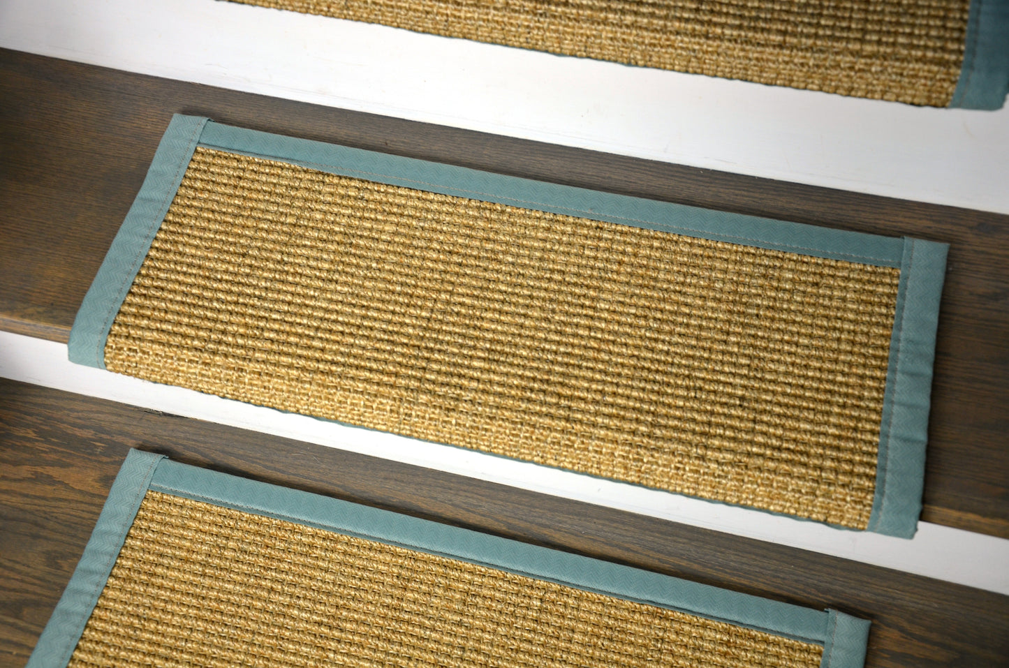 Premium Pet Friendly Tape & Adhesive Free Non-Slip Bullnose Natural Sisal Carpet Stair Treads - Desert/Aqua (Set of 3)