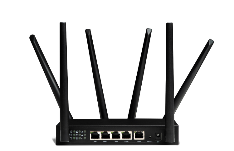 A black wireless router with five antennas and various network ports on the back.