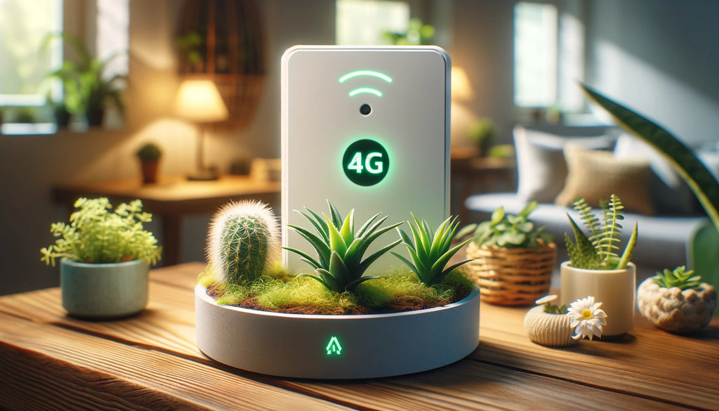 A 4G LTE router surrounded by indoor plants in a sustainable home office.