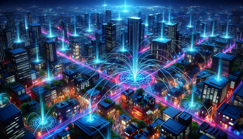 A futuristic city at night, showcasing the connectivity provided by portable routers in urban settings.