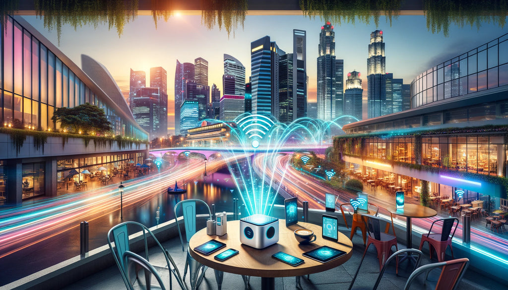 A futuristic cityscape at dusk showing IoT connectivity through a portable WiFi device at a café.