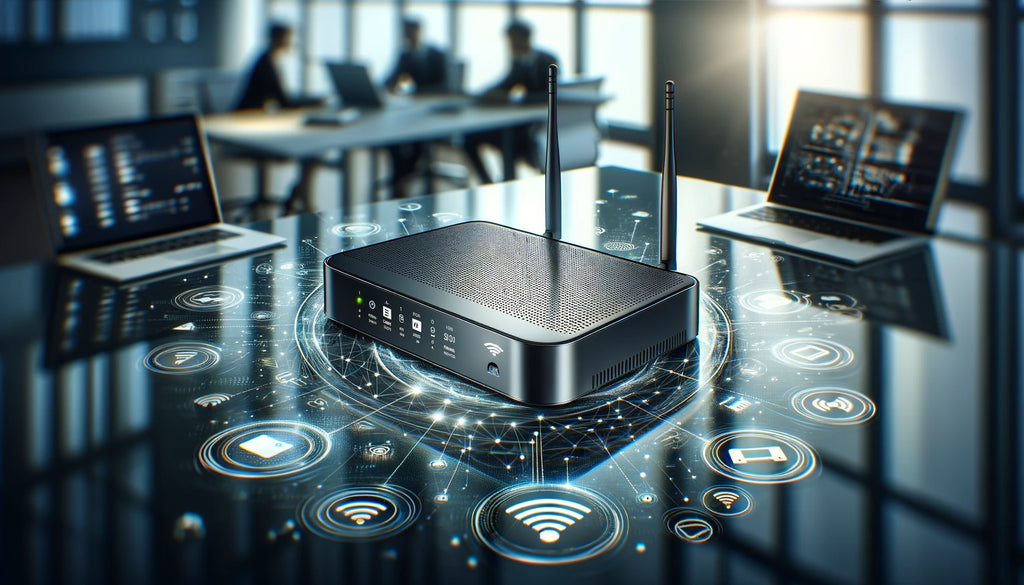 A high-tech portable router on a desk, highlighting its role in professional settings.