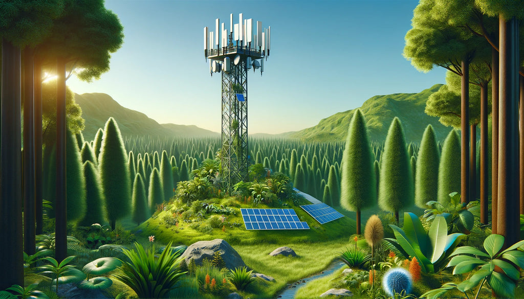 A lush green landscape featuring a 4G tower with solar panels.