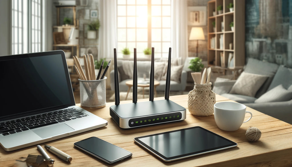 A modern digital workspace featuring a portable LTE router