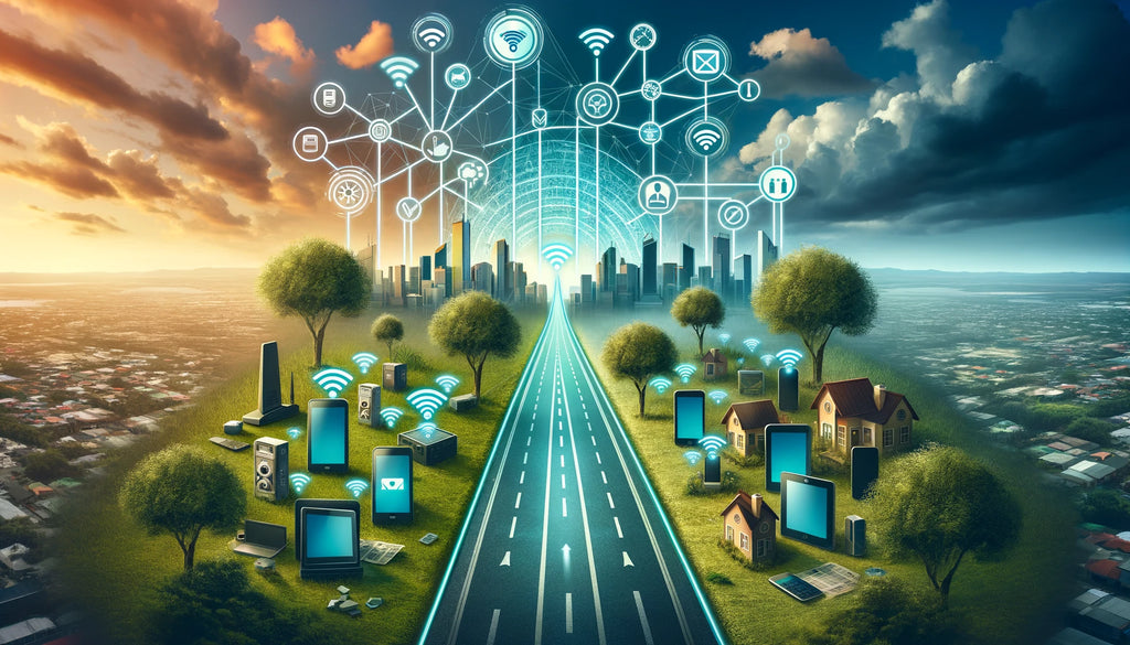 A path diverging into icons of portable routers and mobile hotspots, illustrating the choice based on lifestyle needs.