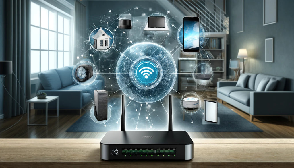 A secure network setup in a modern living room featuring a portable LTE router