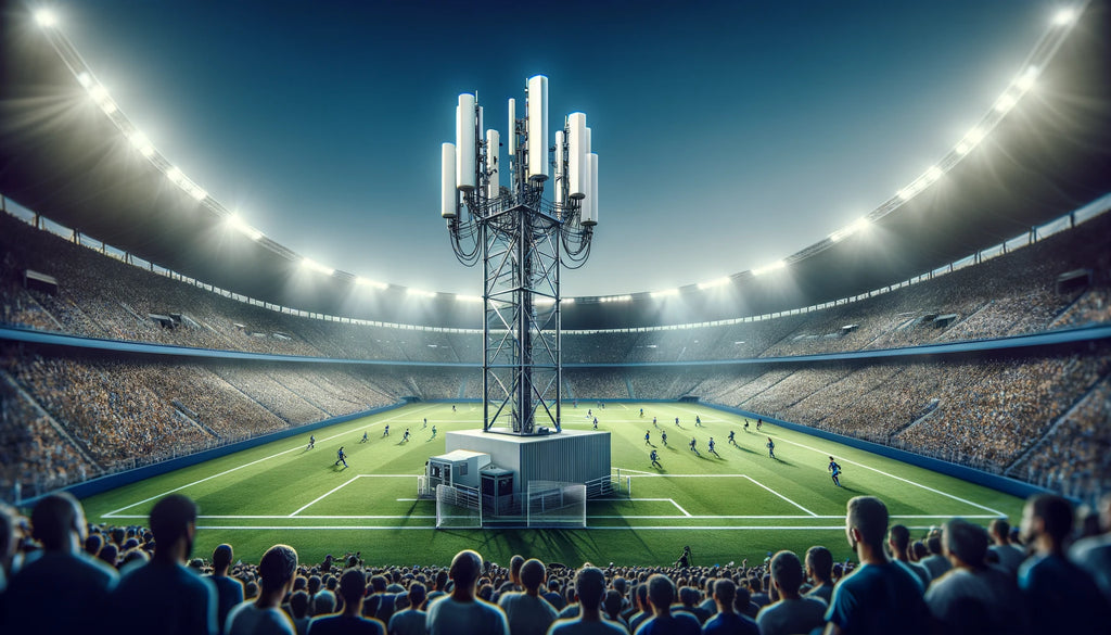 A sports stadium showcasing mobile LTE towers during a game