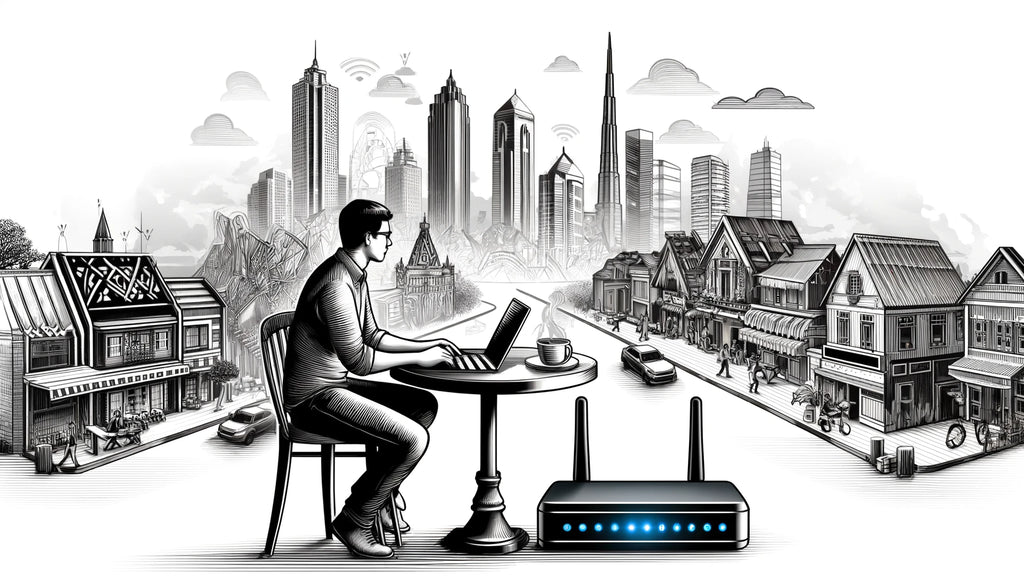 An illustration of a digital nomad in a café using a portable LTE router