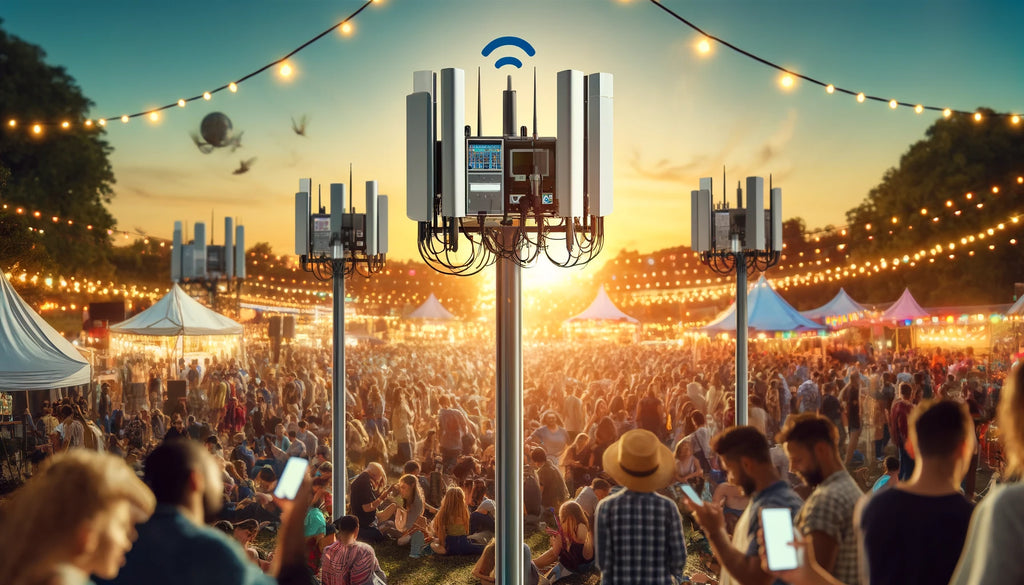 An outdoor festival at sunset with LTE wireless equipment and a connected crowd
