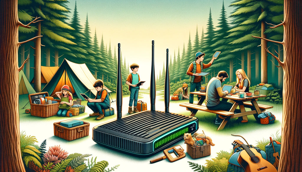 Family camping with technology in the forest