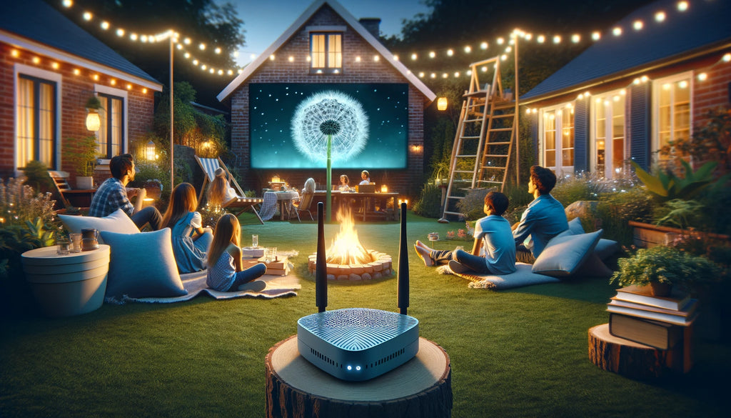 Family enjoying outdoor movie night with LTE router