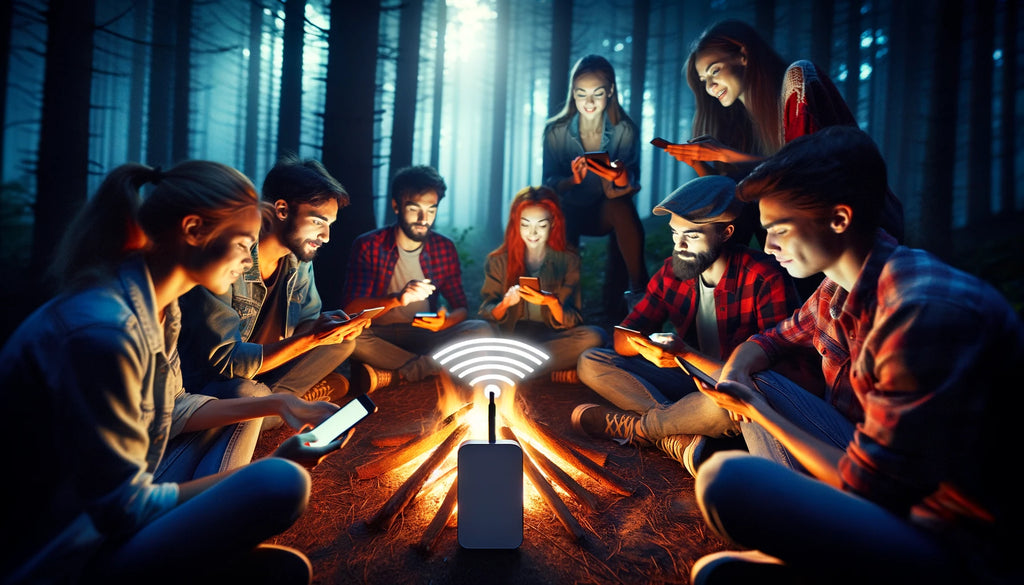 Friends around a campfire connected by portable router