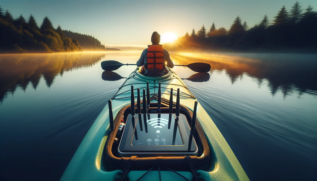 Kayaker navigating with technology at sunrise