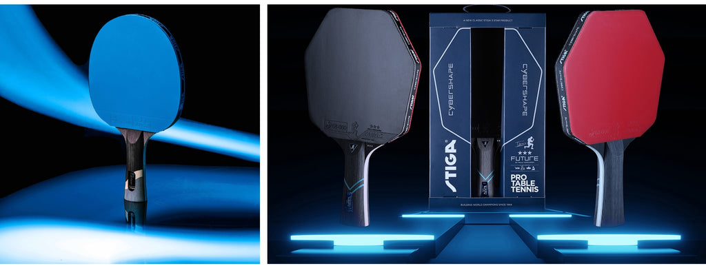blue pro carbon ping pong paddle and stiga cybershape future racket