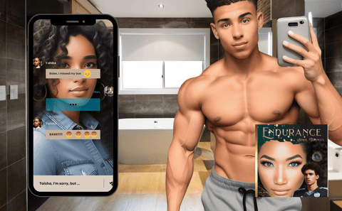 Young man holding up a cell phone that shows a picture of the girl he likes in the background while breaking up with a girl he no longer wants