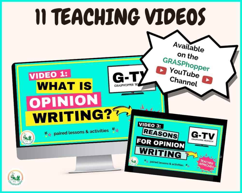 11 teaching videos for opinion writing on the grasphopper youtube channel 