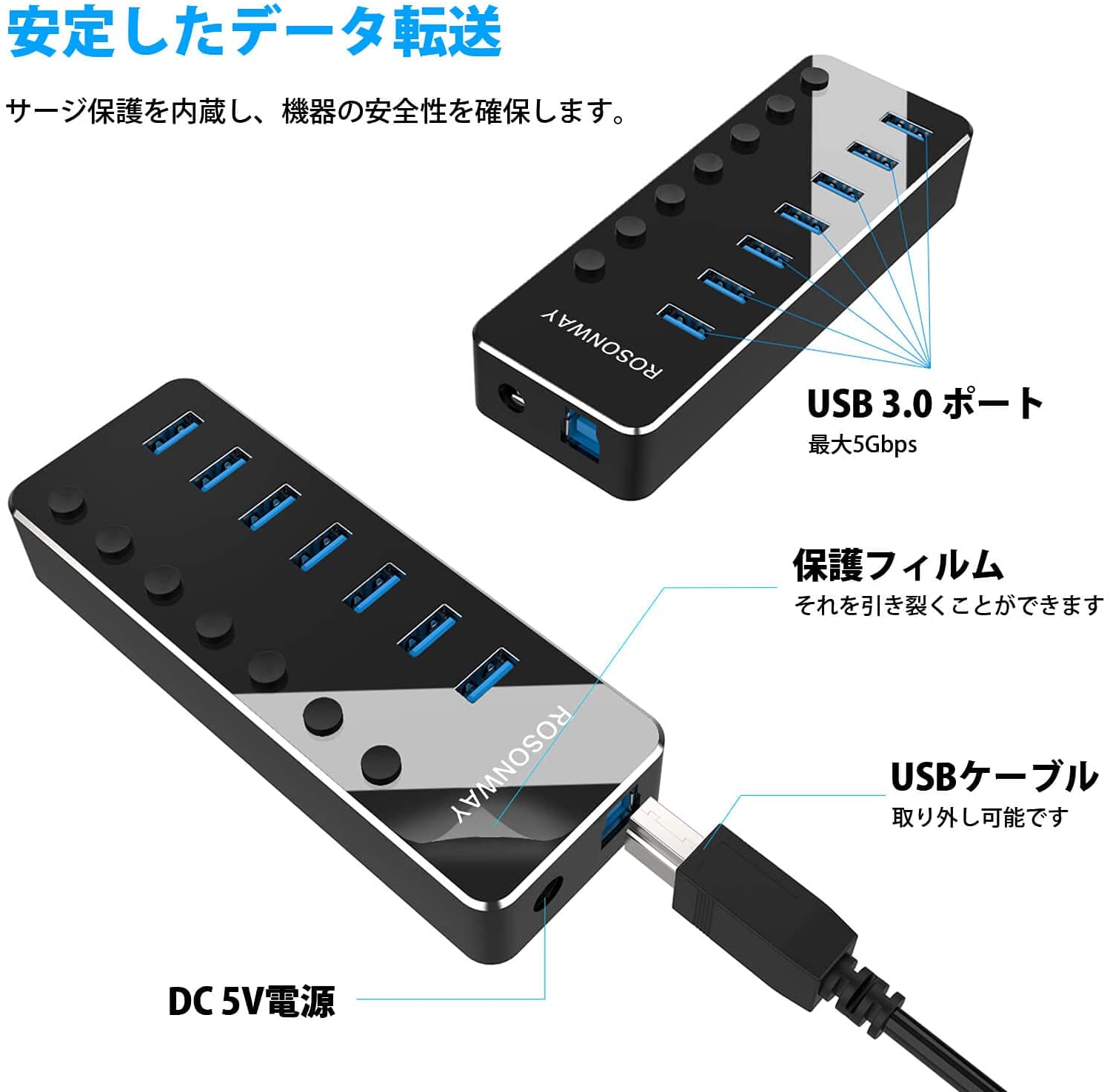 人気カラーの ROSONWAY USB ハブ 3.1 Gen2 10Gbps 10ポートアルミ製