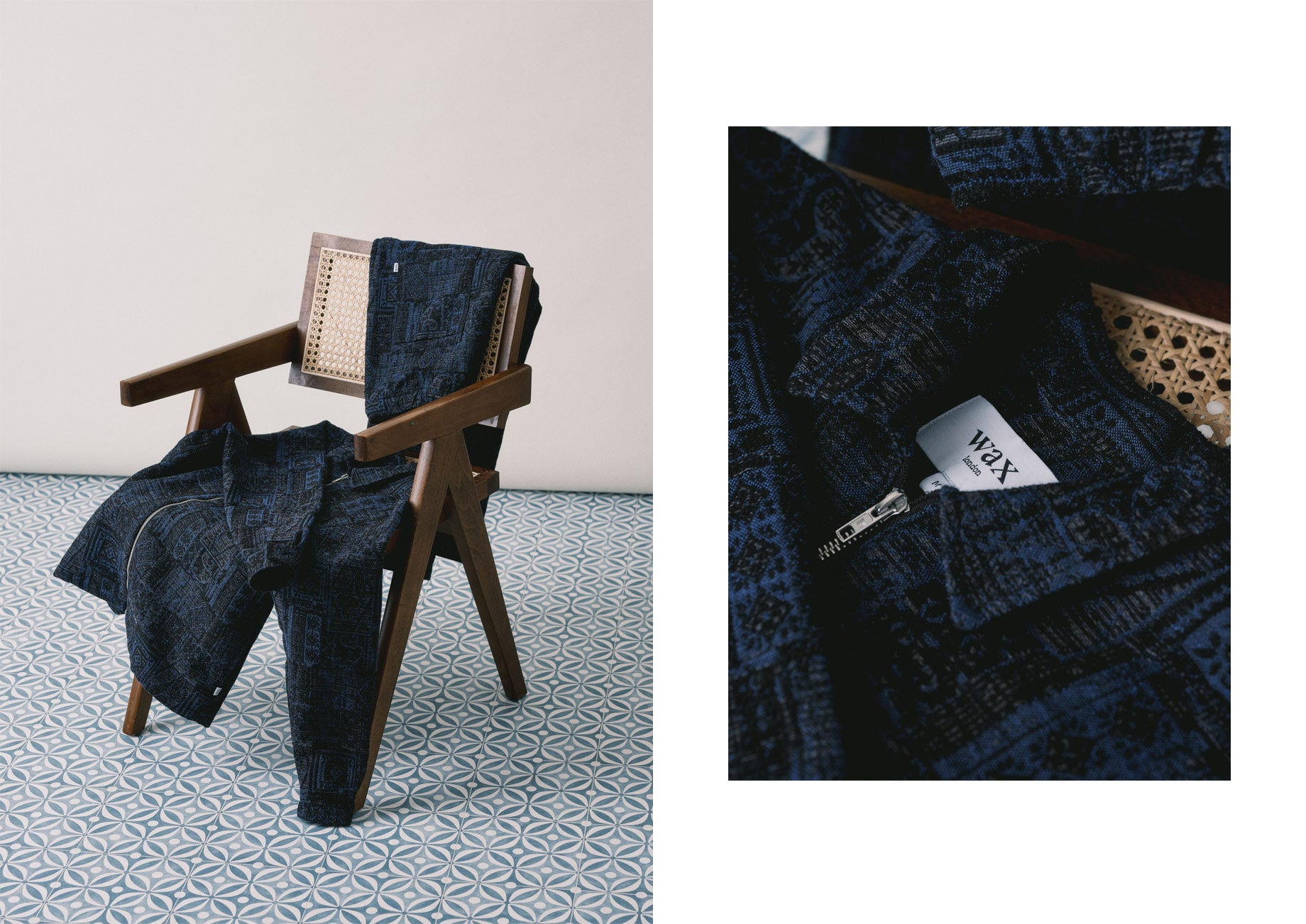 Wax London Jacquard Kurt Trousers and Chase Jacket folded on a chair