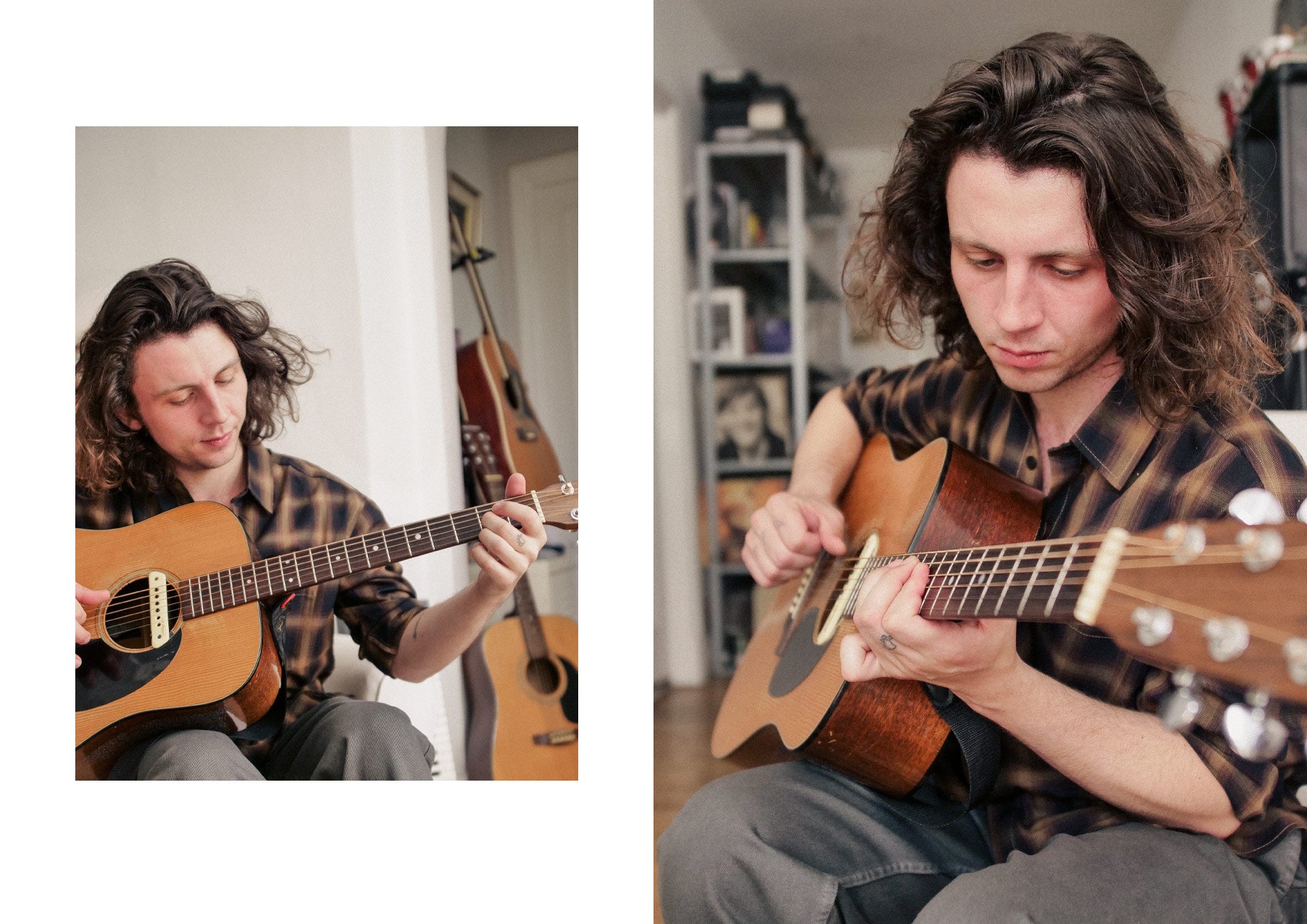 Jack Flanagan playing accoustic guitar in his home