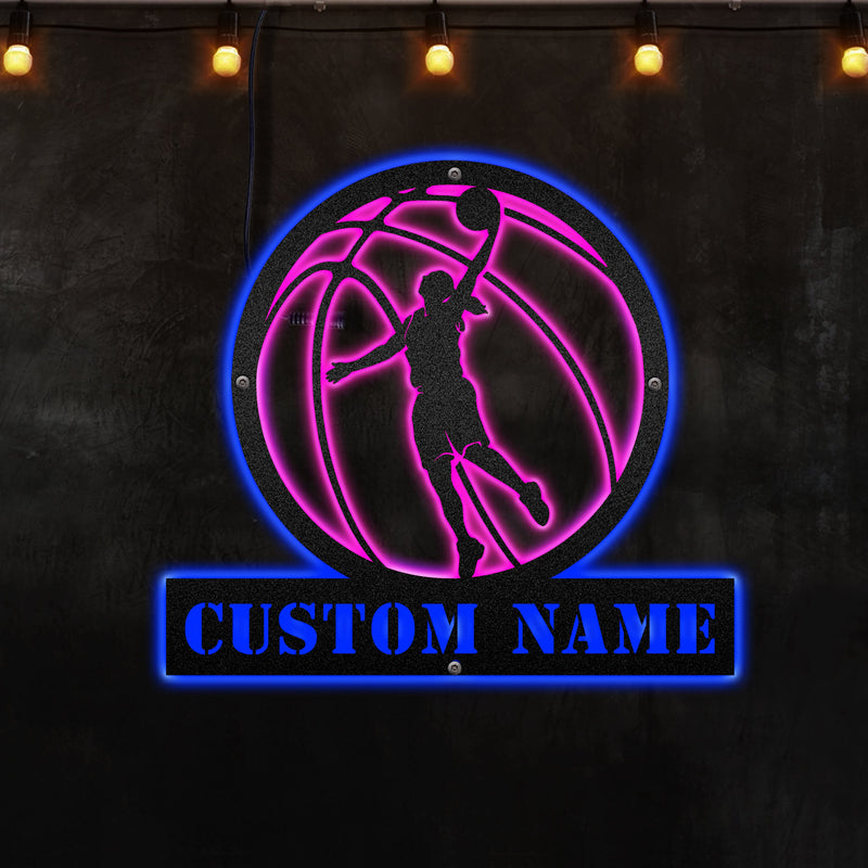 Custom Basketball, Personalized Basketball Sign With Led Lights RGB Led Lights Metal Wall Art
