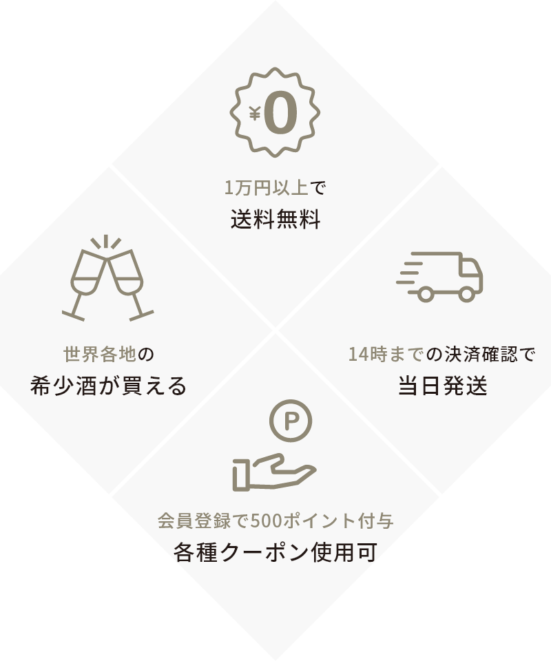 1万円以上で送料無料 世界各地の希少酒が買える 14時までの決済確認で当日発送 会員登録で500ポイント付与 各種クーポン使用可